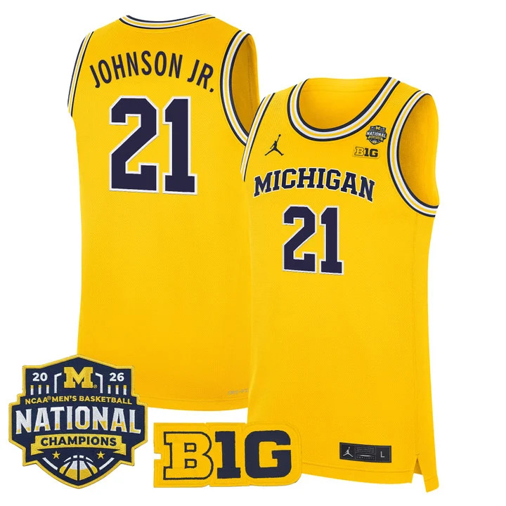 MEN'S MICHIGAN WOLVERINES 2026 NATIONAL CHAMPIONS PATCH BASKETBALL JERSEY MAIZE#21 MOREZ JOHNSON JR.