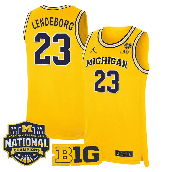 MEN'S MICHIGAN WOLVERINES 2026 NATIONAL CHAMPIONS PATCH BASKETBALL JERSEY MAIZE#23 YAXEL LENDEBORG