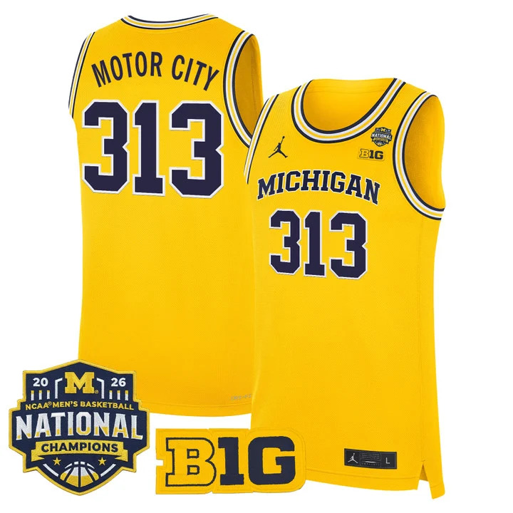 MEN'S MICHIGAN WOLVERINES 2026 NATIONAL CHAMPIONS PATCH BASKETBALL JERSEY MAIZE#313 MOTOR CITY