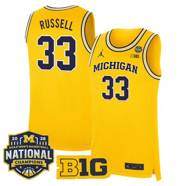 MEN'S MICHIGAN WOLVERINES 2026 NATIONAL CHAMPIONS PATCH BASKETBALL JERSEY MAIZE#33 CAZZIE RUSSELL