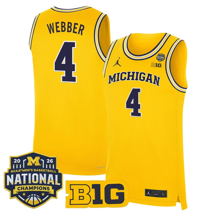 MEN'S MICHIGAN WOLVERINES 2026 NATIONAL CHAMPIONS PATCH BASKETBALL JERSEY MAIZE#4 CHRIS WEBBER