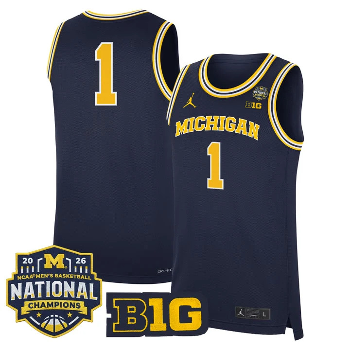 MEN'S MICHIGAN WOLVERINES 2026 NATIONAL CHAMPIONS PATCH BASKETBALL JERSEY NAVY#1