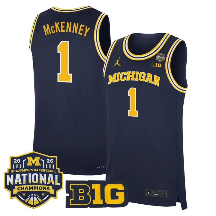 MEN'S MICHIGAN WOLVERINES 2026 NATIONAL CHAMPIONS PATCH BASKETBALL JERSEY NAVY#1 TREY MCKENNEY