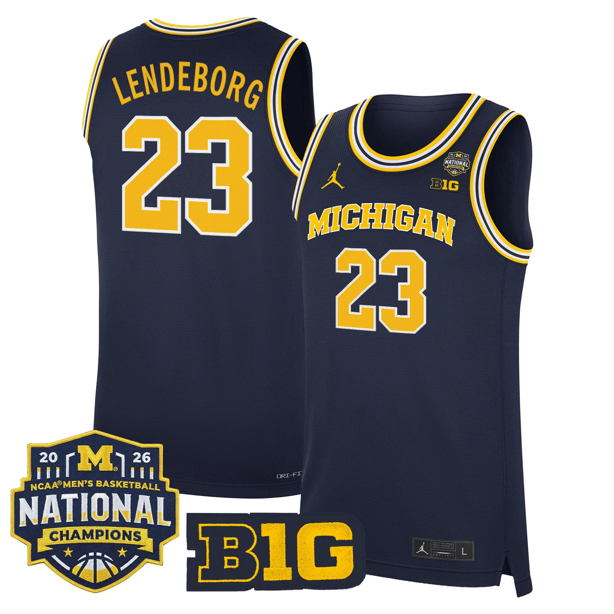 MEN'S MICHIGAN WOLVERINES 2026 NATIONAL CHAMPIONS PATCH BASKETBALL JERSEY NAVY#23 YAXEL LENDEBORG