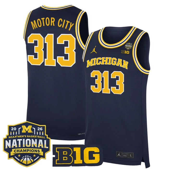 MEN'S MICHIGAN WOLVERINES 2026 NATIONAL CHAMPIONS PATCH BASKETBALL JERSEY NAVY#313 MOTOR CITY