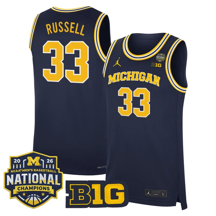 MEN'S MICHIGAN WOLVERINES 2026 NATIONAL CHAMPIONS PATCH BASKETBALL JERSEY NAVY#33 CAZZIE RUSSELL