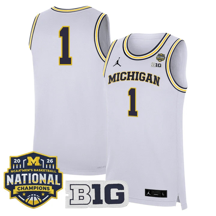MEN'S MICHIGAN WOLVERINES 2026 NATIONAL CHAMPIONS PATCH BASKETBALL JERSEY WHITE#1