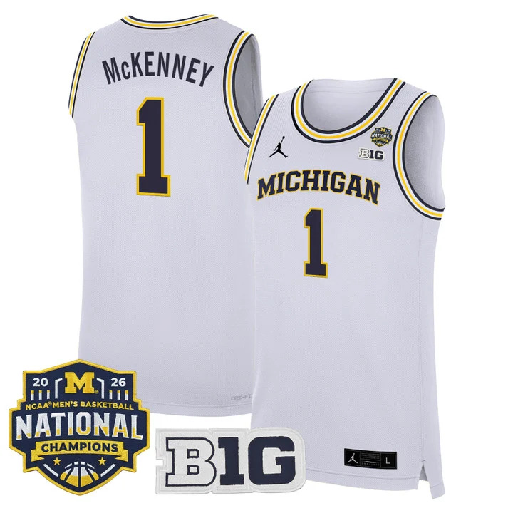 MEN'S MICHIGAN WOLVERINES 2026 NATIONAL CHAMPIONS PATCH BASKETBALL JERSEY WHITE#1 TREY MCKENNEY