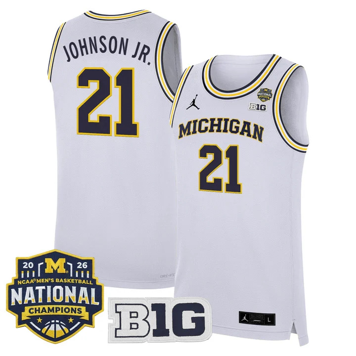 MEN'S MICHIGAN WOLVERINES 2026 NATIONAL CHAMPIONS PATCH BASKETBALL JERSEY WHITE#21 MOREZ JOHNSON JR.