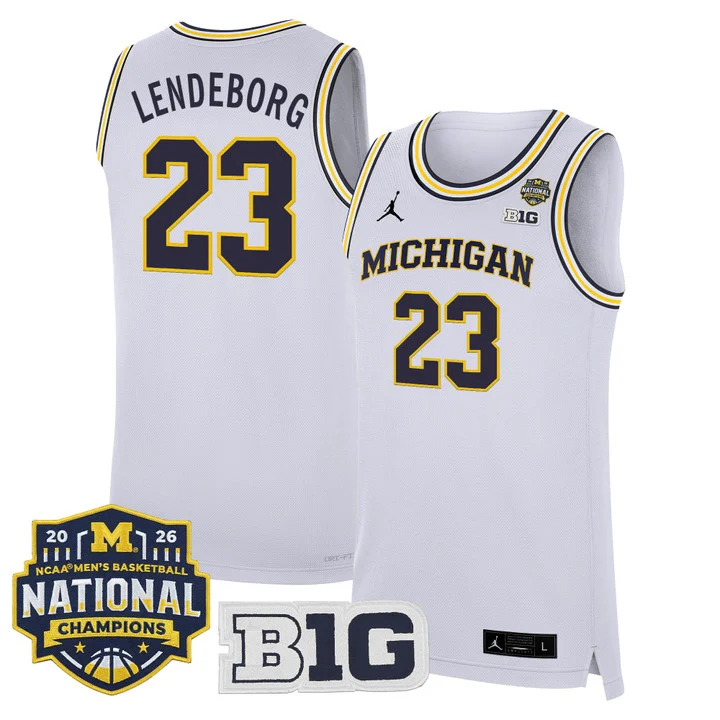 MEN'S MICHIGAN WOLVERINES 2026 NATIONAL CHAMPIONS PATCH BASKETBALL JERSEY WHITE#23 YAXEL LENDEBORG