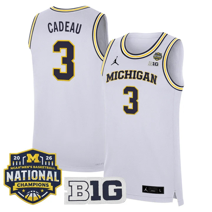 MEN'S MICHIGAN WOLVERINES 2026 NATIONAL CHAMPIONS PATCH BASKETBALL JERSEY WHITE#3 ELLIOT CADEAU