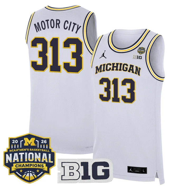 MEN'S MICHIGAN WOLVERINES 2026 NATIONAL CHAMPIONS PATCH BASKETBALL JERSEY WHITE#313 MOTOR CITY