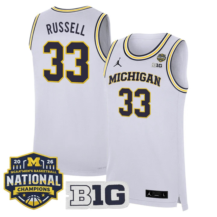 MEN'S MICHIGAN WOLVERINES 2026 NATIONAL CHAMPIONS PATCH BASKETBALL JERSEY WHITE#33 CAZZIE RUSSELL