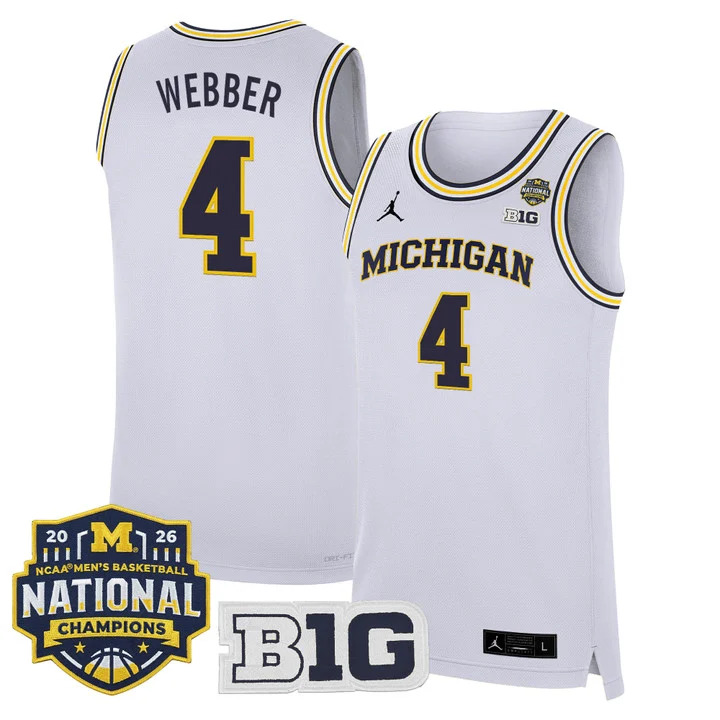 MEN'S MICHIGAN WOLVERINES 2026 NATIONAL CHAMPIONS PATCH BASKETBALL JERSEY WHITE#4 CHRIS WEBBER