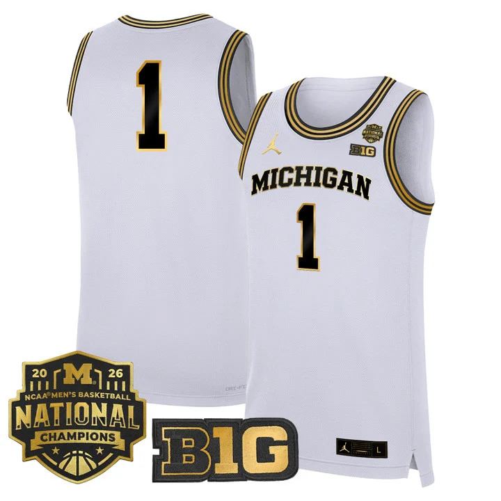 MEN'S MICHIGAN WOLVERINES 2026 NATIONAL CHAMPIONS PATCH BASKETBALL JERSEY WHITE GOLD#1