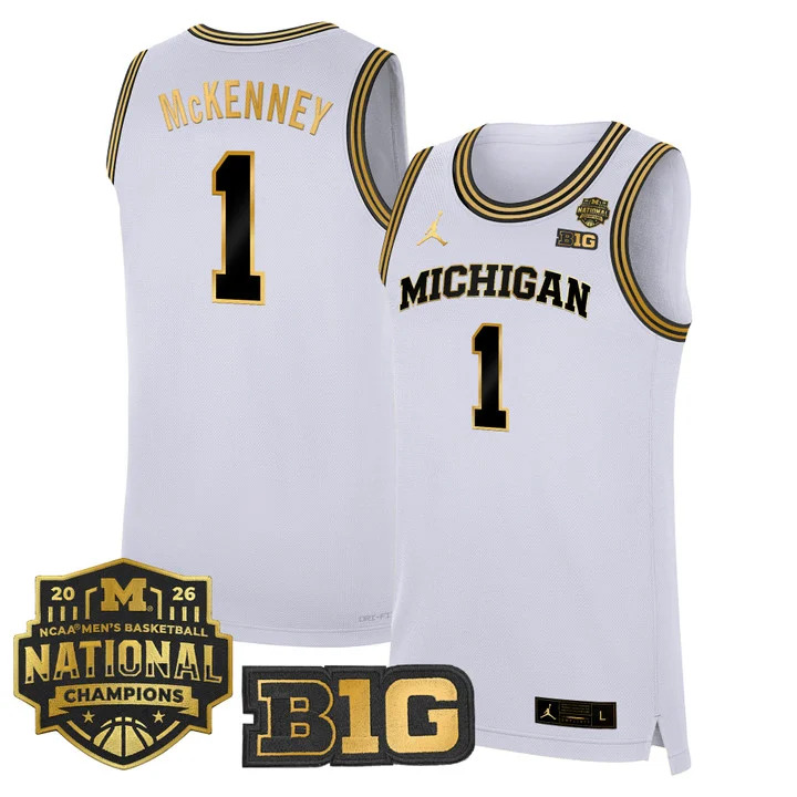 MEN'S MICHIGAN WOLVERINES 2026 NATIONAL CHAMPIONS PATCH BASKETBALL JERSEY WHITE GOLD#1 TREY MCKENNEY