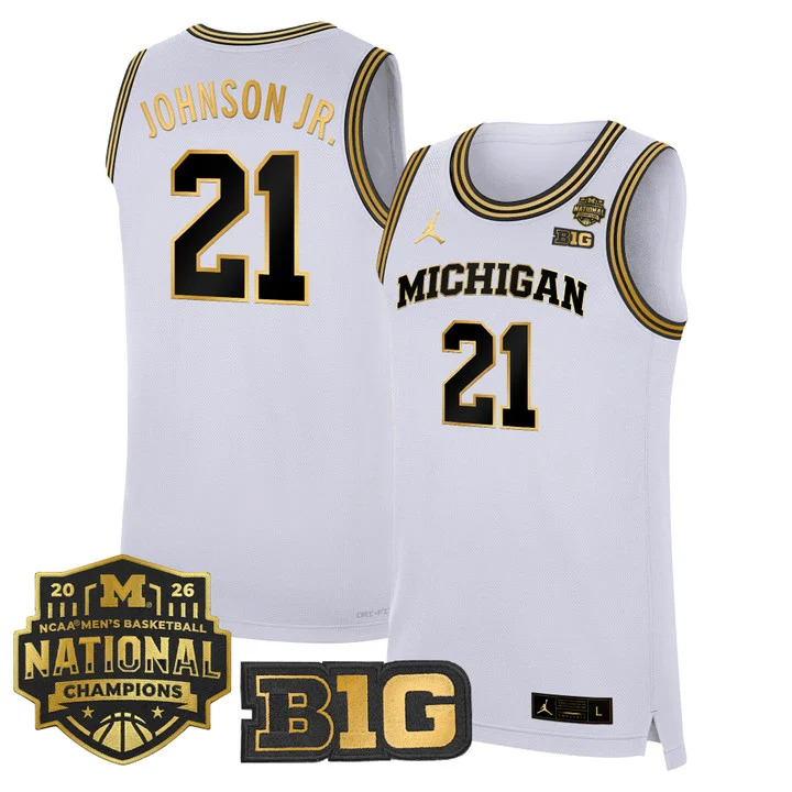 MEN'S MICHIGAN WOLVERINES 2026 NATIONAL CHAMPIONS PATCH BASKETBALL JERSEY WHITE GOLD#21 MOREZ JOHNSON JR.