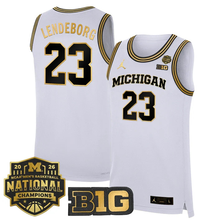 MEN'S MICHIGAN WOLVERINES 2026 NATIONAL CHAMPIONS PATCH BASKETBALL JERSEY WHITE GOLD#23 YAXEL LENDEBORG
