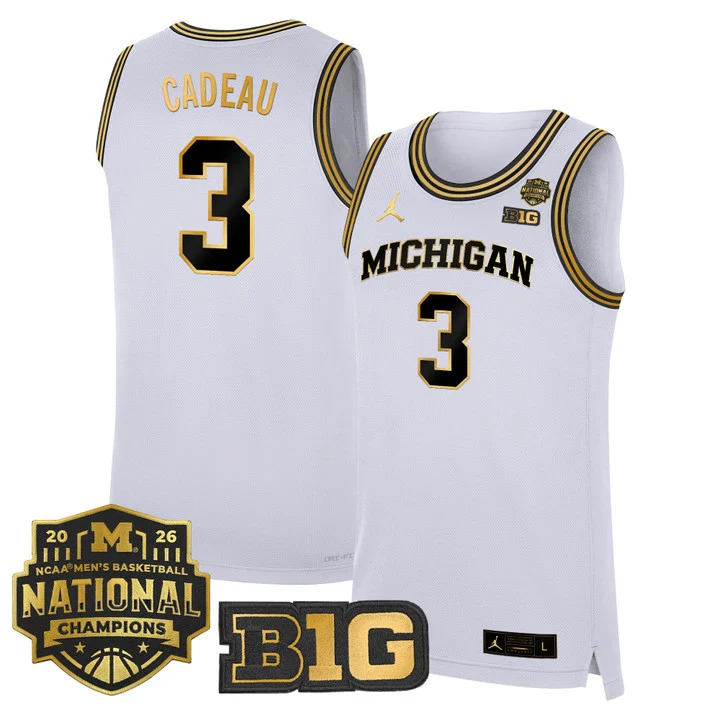 MEN'S MICHIGAN WOLVERINES 2026 NATIONAL CHAMPIONS PATCH BASKETBALL JERSEY WHITE GOLD#3 ELLIOT CADEAU
