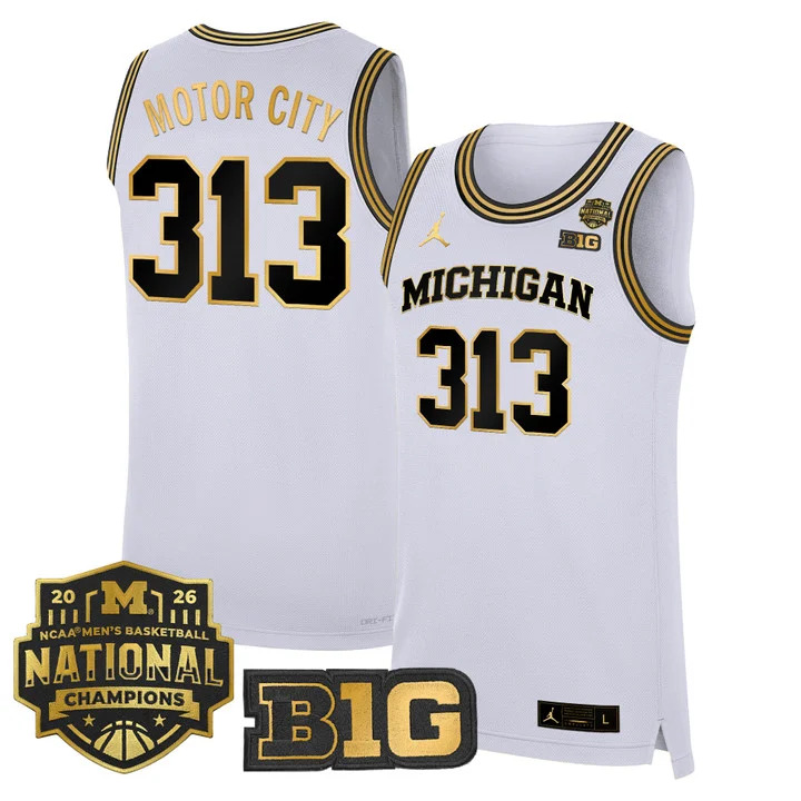 MEN'S MICHIGAN WOLVERINES 2026 NATIONAL CHAMPIONS PATCH BASKETBALL JERSEY WHITE GOLD#313 MOTOR CITY
