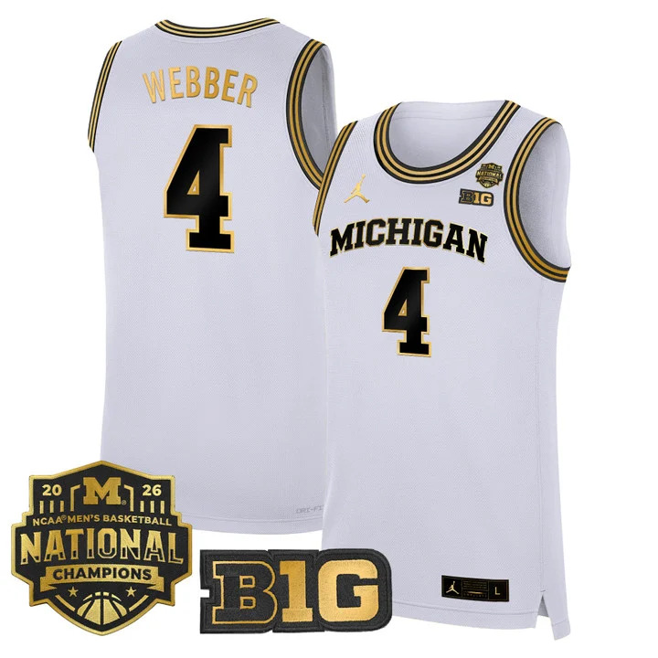 MEN'S MICHIGAN WOLVERINES 2026 NATIONAL CHAMPIONS PATCH BASKETBALL JERSEY WHITE GOLD#4 CHRIS WEBBER