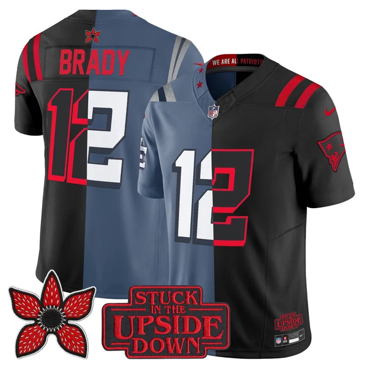 MEN'S NEW ENGLAND PATRIOTS 'UPSIDE DOWN EDITION' VAPOR LIMITED JERSEY STORM BLUE-BLACK#12 TOM BRADY