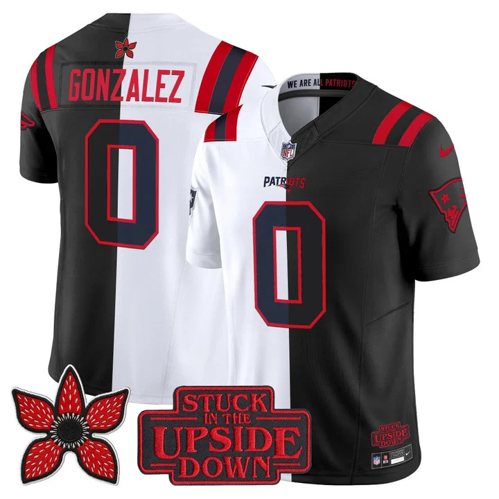 MEN'S NEW ENGLAND PATRIOTS 'UPSIDE DOWN EDITION' VAPOR LIMITED JERSEY WHITE-BLACK#0  CHRISTIAN GONZALEZ