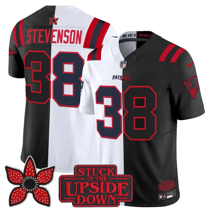 MEN'S NEW ENGLAND PATRIOTS 'UPSIDE DOWN EDITION' VAPOR LIMITED JERSEY WHITE-BLACK#38 RHAMONDRE STEVENSON