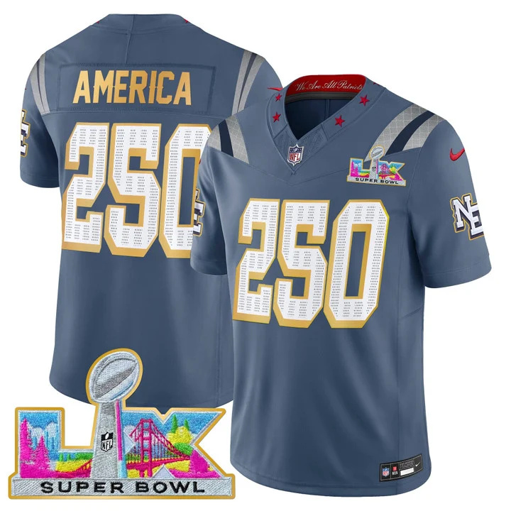 MEN'S NEW ENGLAND PATRIOTS SUPER BOWL LX GOLD TRIM VAPOR LIMITED JERSEY #250 AMERICA