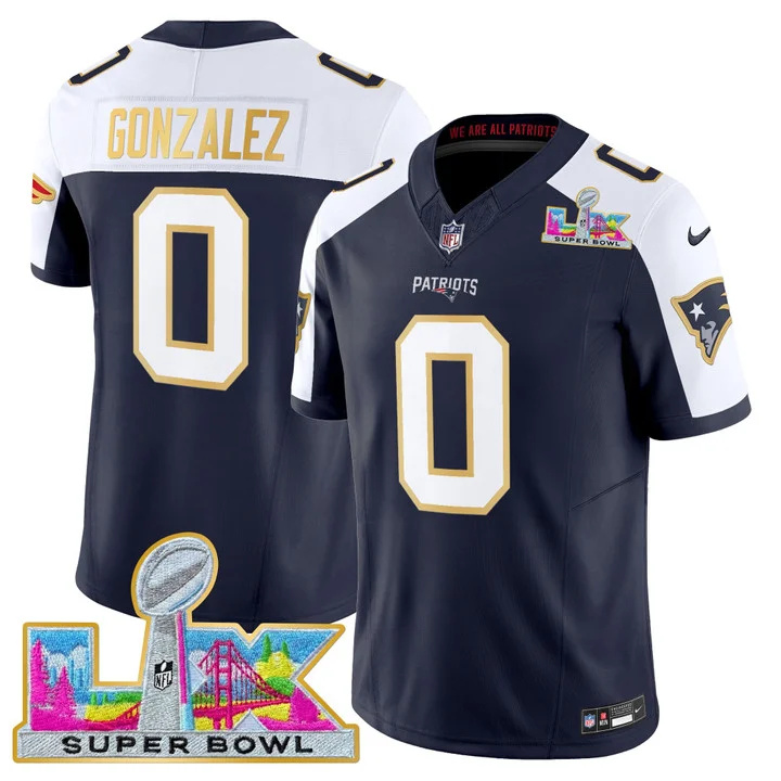 MEN'S NEW ENGLAND PATRIOTS SUPER BOWL LX GOLD TRIM VAPOR LIMITED JERSEY ALTERNATE #0 CHRISTIAN GONZALEZ