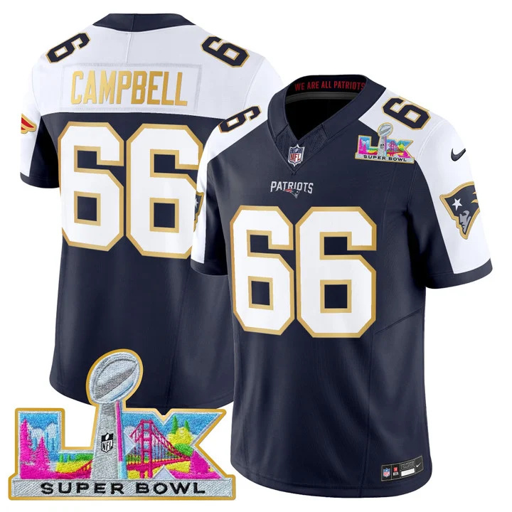 MEN'S NEW ENGLAND PATRIOTS SUPER BOWL LX GOLD TRIM VAPOR LIMITED JERSEY ALTERNATE #66 WILL CAMPBELL