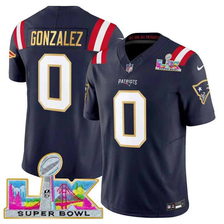 MEN'S NEW ENGLAND PATRIOTS SUPER BOWL LX GOLD TRIM VAPOR LIMITED JERSEY NAVY #0 CHRISTIAN GONZALEZ