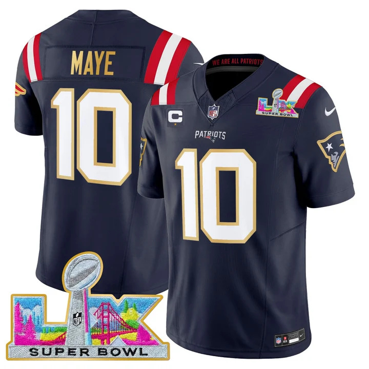 MEN'S NEW ENGLAND PATRIOTS SUPER BOWL LX GOLD TRIM VAPOR LIMITED JERSEY NAVY #10 DRAKE MAYE