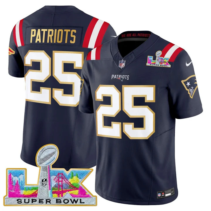 MEN'S NEW ENGLAND PATRIOTS SUPER BOWL LX GOLD TRIM VAPOR LIMITED JERSEY NAVY #25 PATRIOTS