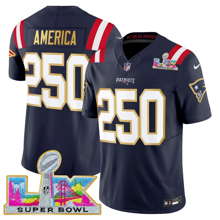 MEN'S NEW ENGLAND PATRIOTS SUPER BOWL LX GOLD TRIM VAPOR LIMITED JERSEY NAVY #250 AMERICA