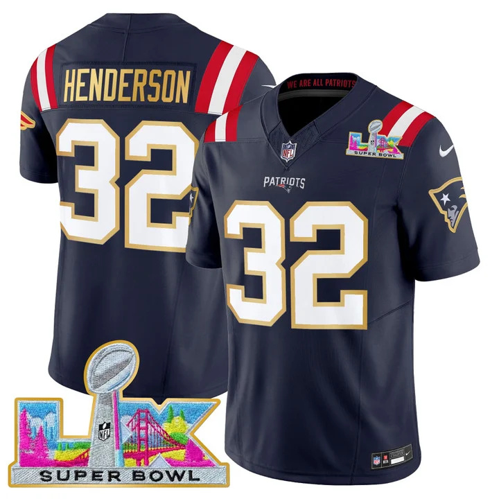 MEN'S NEW ENGLAND PATRIOTS SUPER BOWL LX GOLD TRIM VAPOR LIMITED JERSEY NAVY #32 TREVEYON HENDERSON