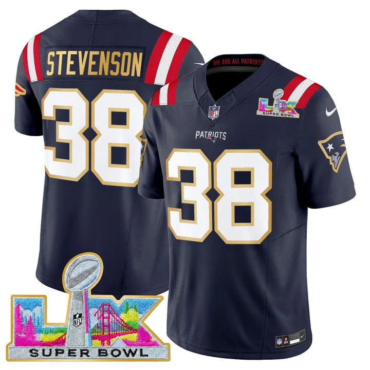 MEN'S NEW ENGLAND PATRIOTS SUPER BOWL LX GOLD TRIM VAPOR LIMITED JERSEY NAVY #38 RHAMONDRE STEVENSON