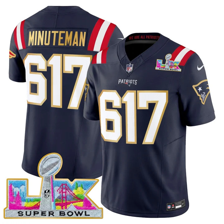 MEN'S NEW ENGLAND PATRIOTS SUPER BOWL LX GOLD TRIM VAPOR LIMITED JERSEY NAVY #617 MINUTEMAN