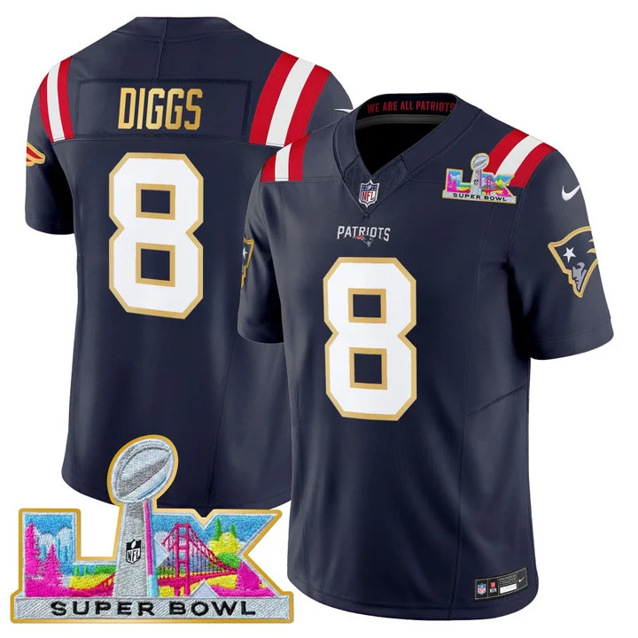 MEN'S NEW ENGLAND PATRIOTS SUPER BOWL LX GOLD TRIM VAPOR LIMITED JERSEY NAVY #8 STEFON DIGGS