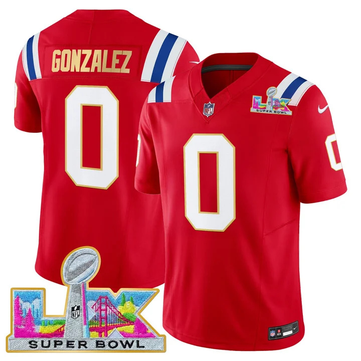MEN'S NEW ENGLAND PATRIOTS SUPER BOWL LX GOLD TRIM VAPOR LIMITED JERSEY RED #0 CHRISTIAN GONZALEZ