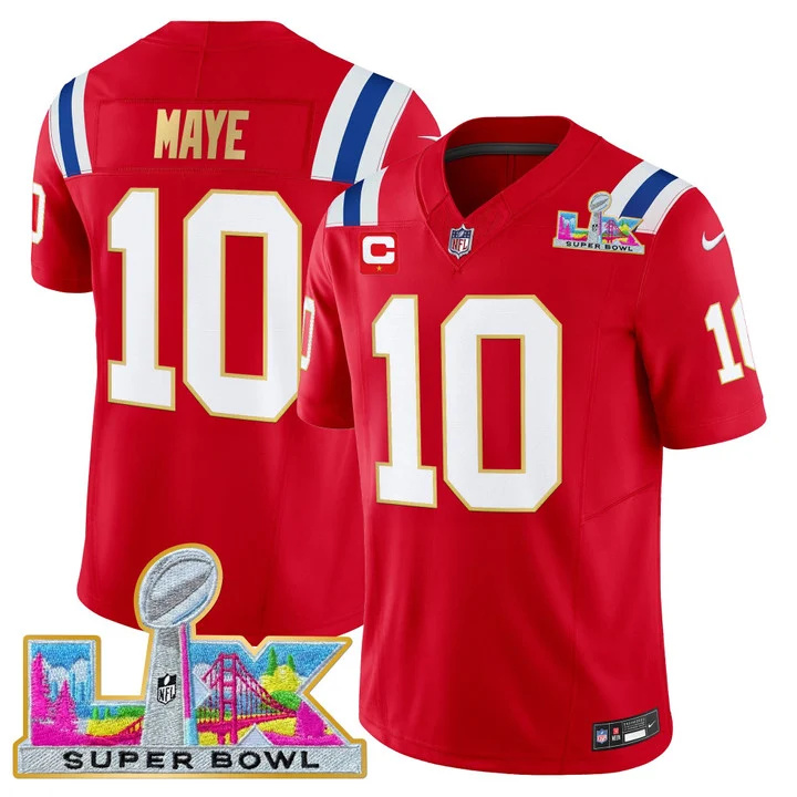 MEN'S NEW ENGLAND PATRIOTS SUPER BOWL LX GOLD TRIM VAPOR LIMITED JERSEY RED #10 DRAKE MAYE