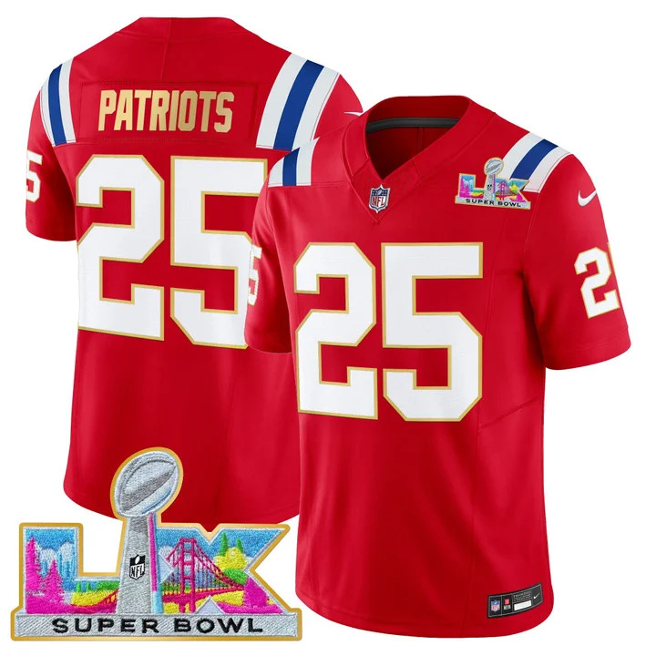 MEN'S NEW ENGLAND PATRIOTS SUPER BOWL LX GOLD TRIM VAPOR LIMITED JERSEY RED #25 PATRIOTS