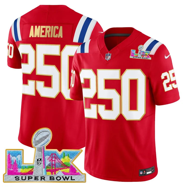MEN'S NEW ENGLAND PATRIOTS SUPER BOWL LX GOLD TRIM VAPOR LIMITED JERSEY RED #250 AMERICA