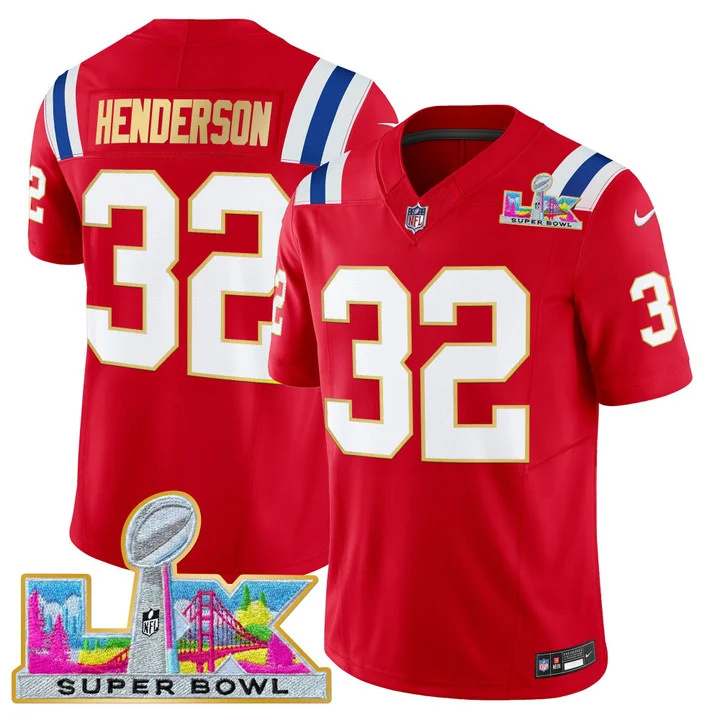 MEN'S NEW ENGLAND PATRIOTS SUPER BOWL LX GOLD TRIM VAPOR LIMITED JERSEY RED #32 TREVEYON HENDERSON