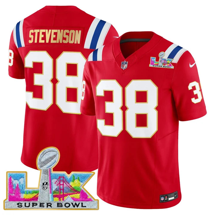 MEN'S NEW ENGLAND PATRIOTS SUPER BOWL LX GOLD TRIM VAPOR LIMITED JERSEY RED #38 RHAMONDRE STEVENSON