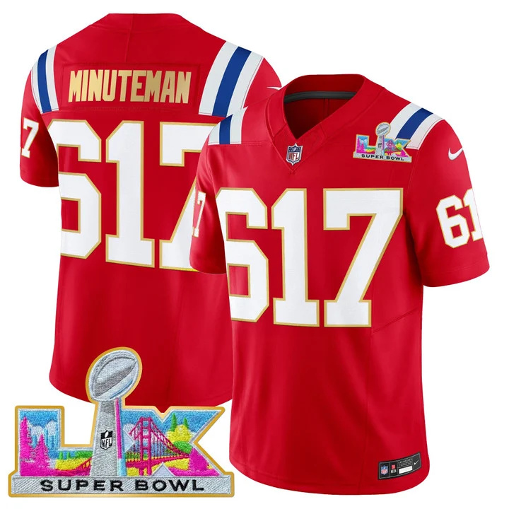 MEN'S NEW ENGLAND PATRIOTS SUPER BOWL LX GOLD TRIM VAPOR LIMITED JERSEY RED #617 MINUTEMAN