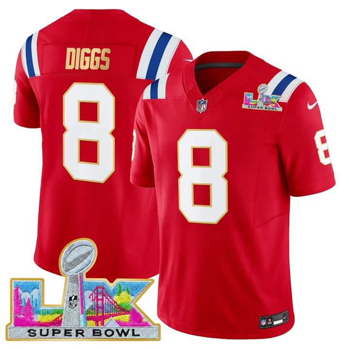 MEN'S NEW ENGLAND PATRIOTS SUPER BOWL LX GOLD TRIM VAPOR LIMITED JERSEY RED #8 STEFON DIGGS