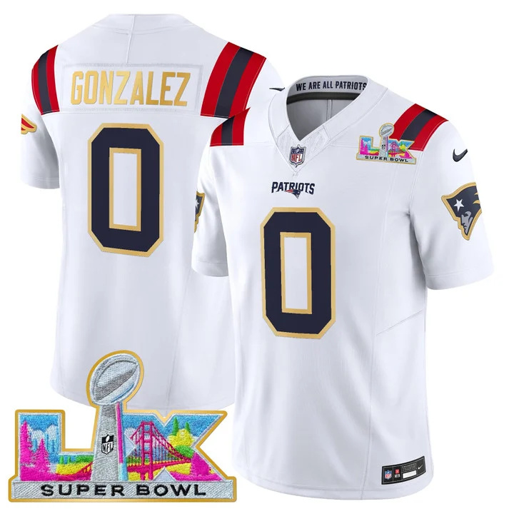 MEN'S NEW ENGLAND PATRIOTS SUPER BOWL LX GOLD TRIM VAPOR LIMITED JERSEY WHITE #0 CHRISTIAN GONZALEZ