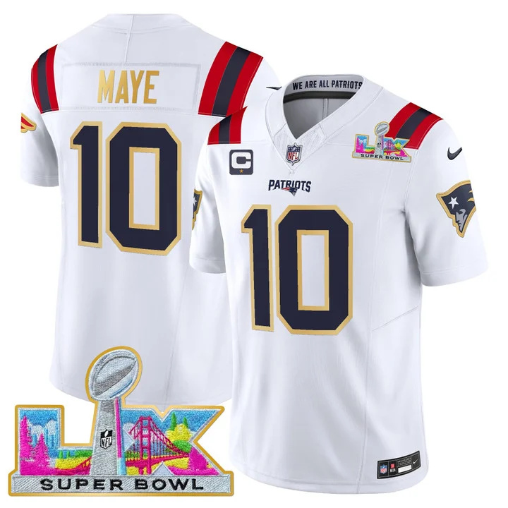 MEN'S NEW ENGLAND PATRIOTS SUPER BOWL LX GOLD TRIM VAPOR LIMITED JERSEY WHITE #10 DRAKE MAYE