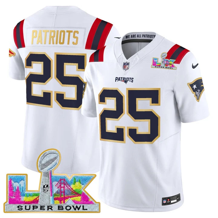 MEN'S NEW ENGLAND PATRIOTS SUPER BOWL LX GOLD TRIM VAPOR LIMITED JERSEY WHITE #25 PATRIOTS